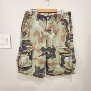 American Eagle Shorts Men 32 Green Camo Cargo Baggy Ripstop Longboard 12" Inseam